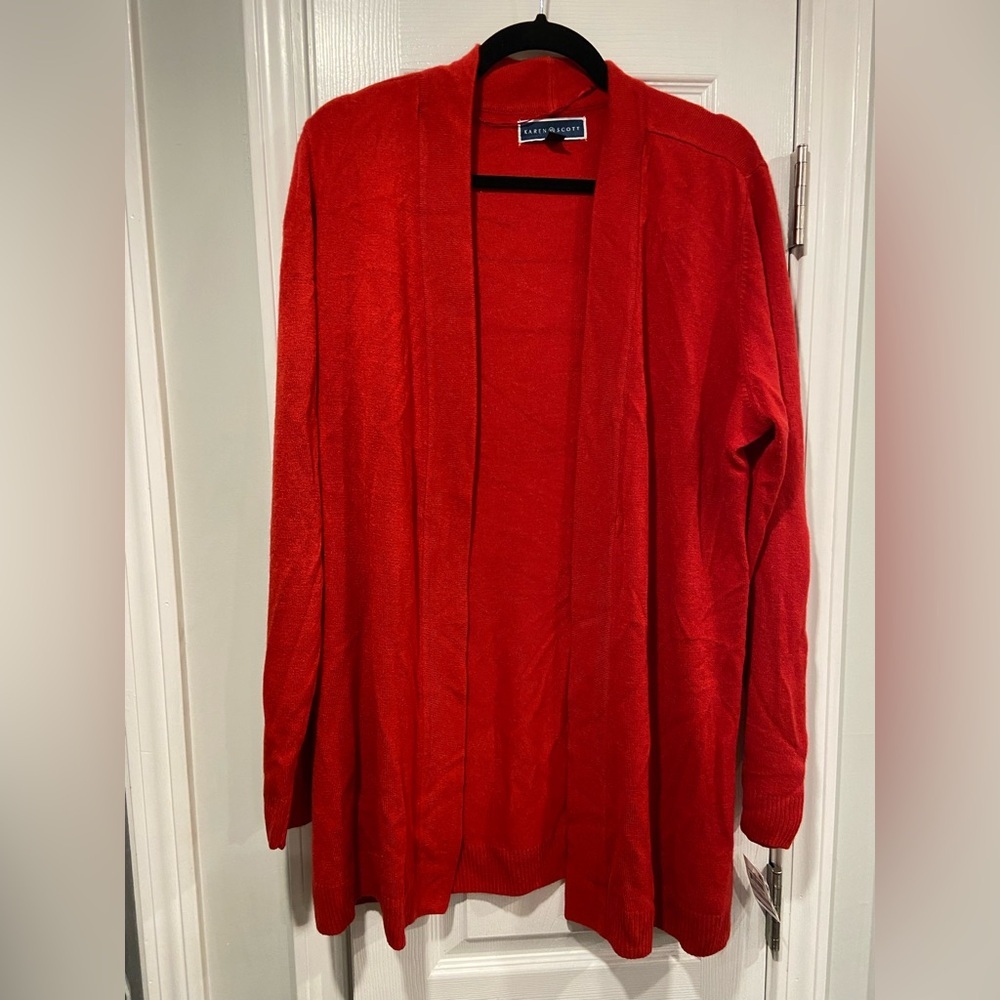 NWT Karen Scott Size 1X Red Knjt Long Sleeve Open Front Cardigan Sweater